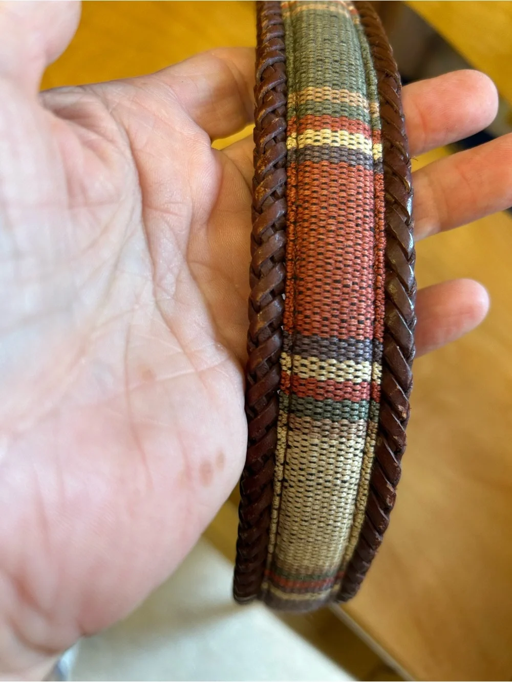 REI Size 30 Brown Full Grain Leather Belt With Padded Plaid Canvas Brass Buckle